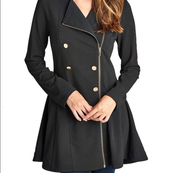 Ladies Black Asymmetric Zipper Peacoat - Picture 2 of 9